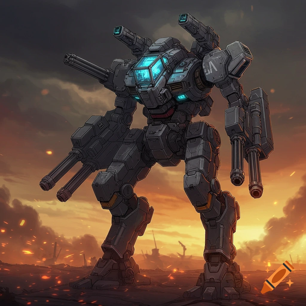 Large grey mecha robot with heavy weapons stands in a burning warzone at sunset.