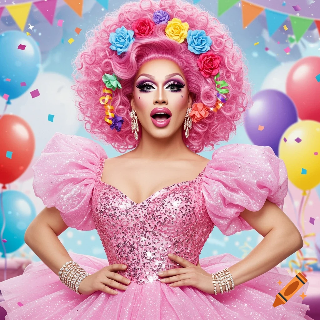 Person in drag with pink curly hair and flowers in a sparkly pink dress at a party with balloons.