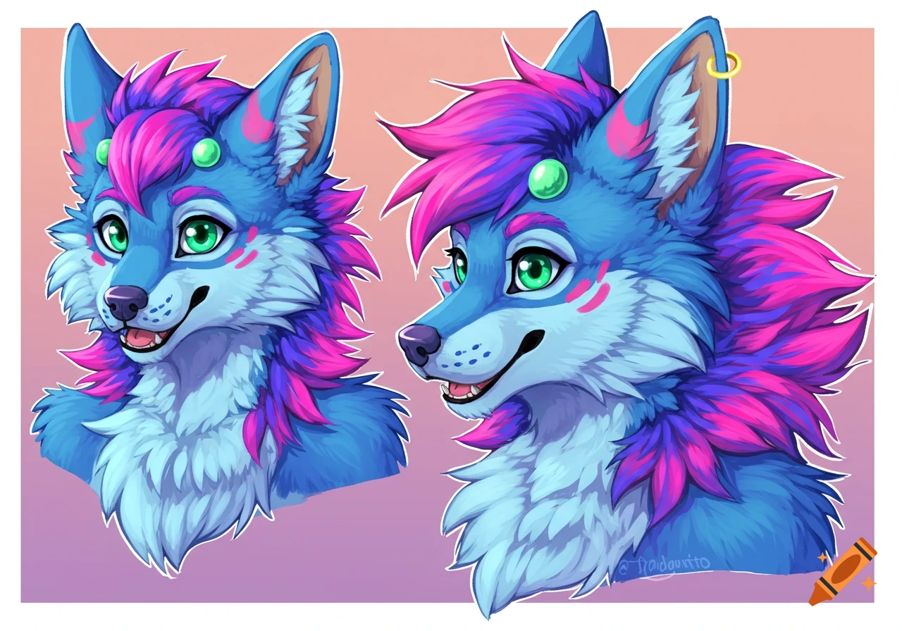 Two heads of a colorful blue and pink furry wolf character illustration.