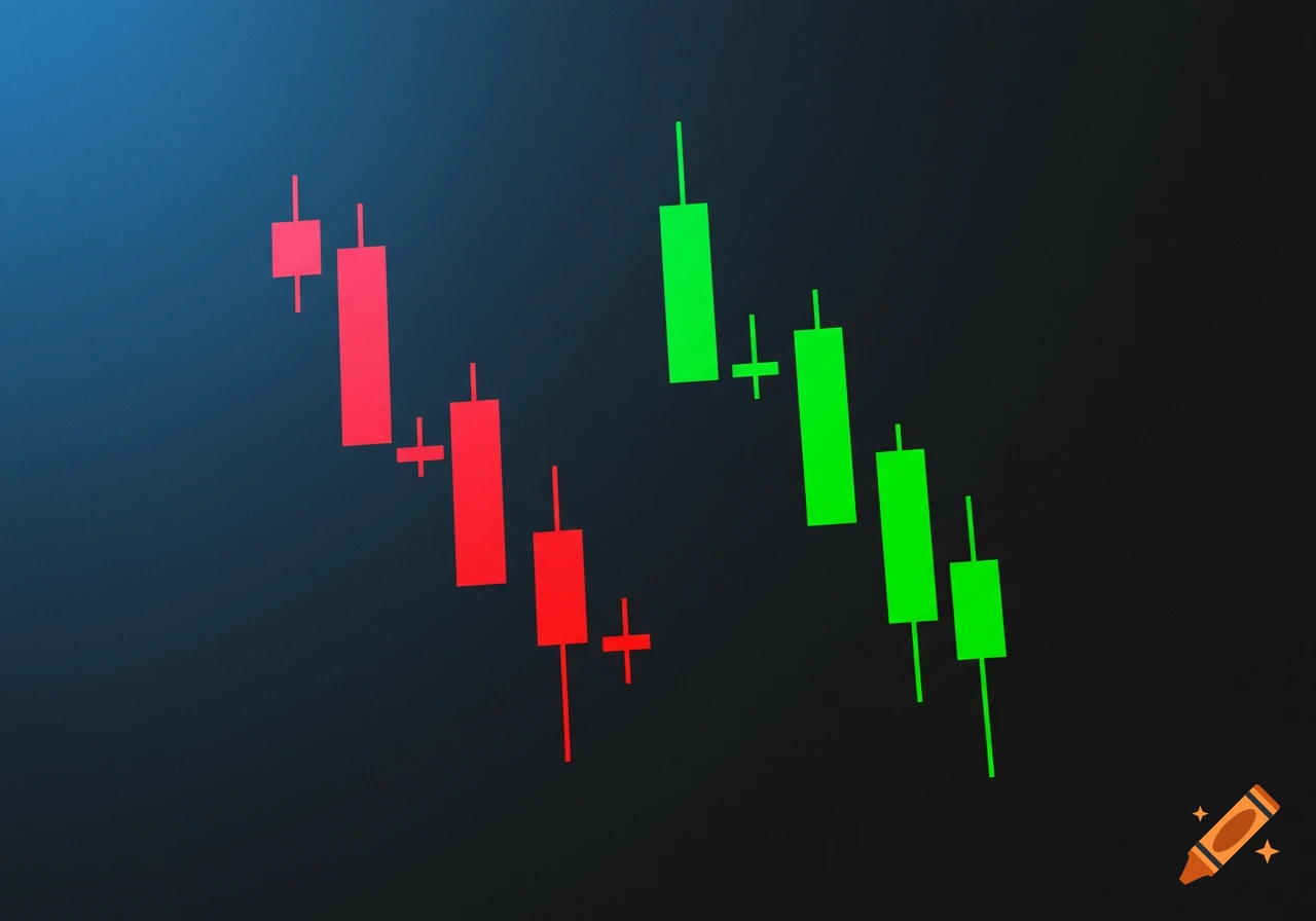 Red and green stock chart candlesticks on a dark background.