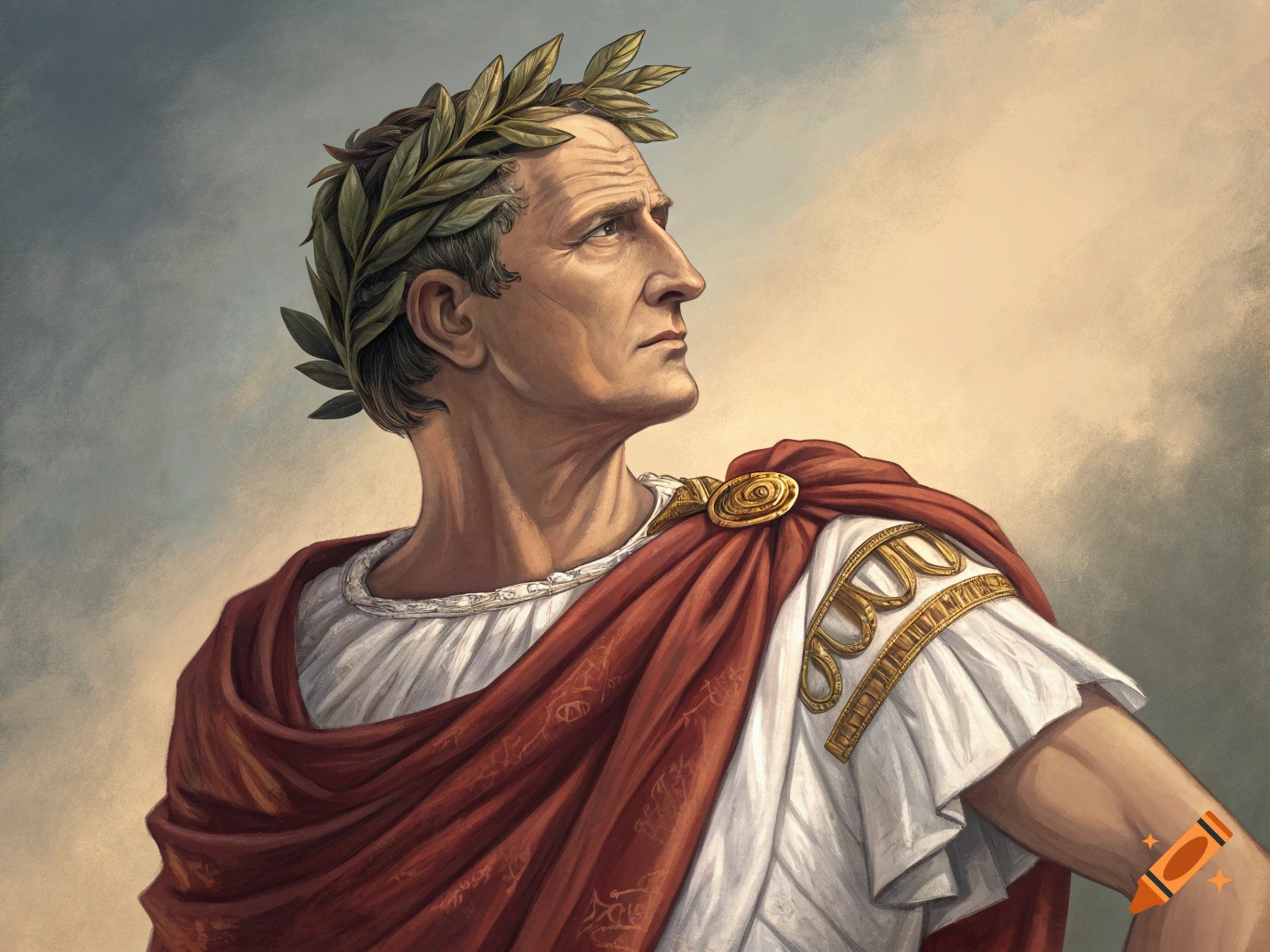 Painting of Julius Caesar wearing a toga and laurel wreath