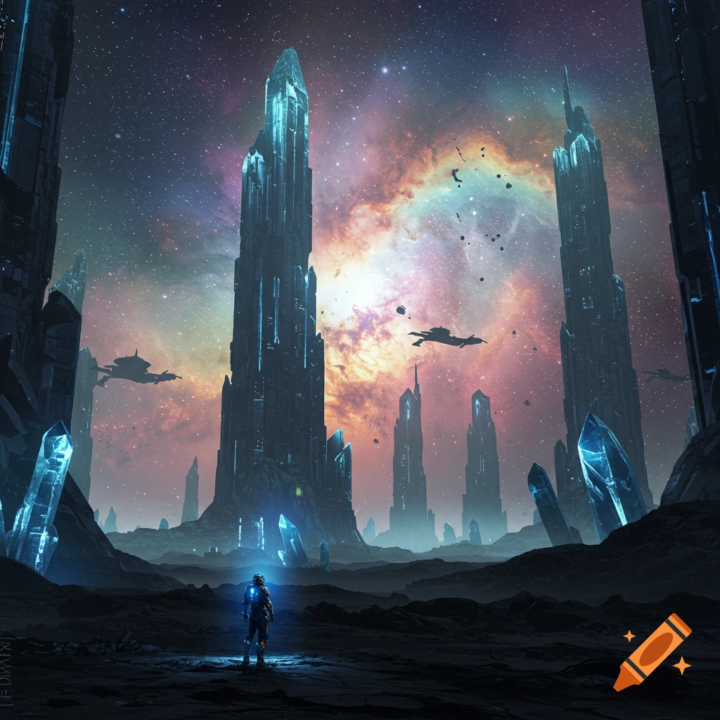 A person in a space suit stands before towering futuristic crystal structures under a vibrant space nebula with spaceships.