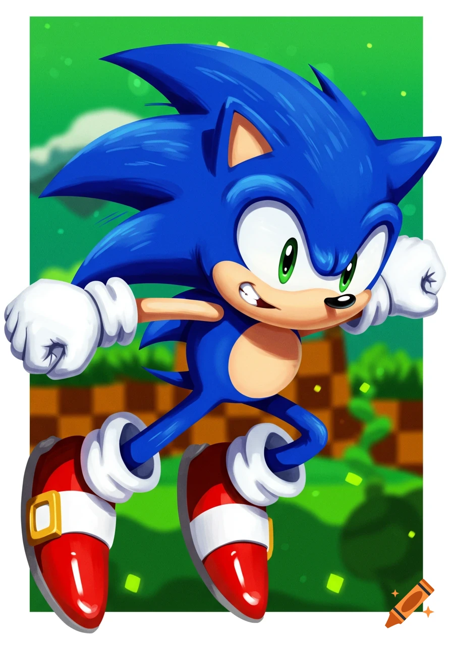 Sonic the Hedgehog running and smiling in a cartoon style with a video game level background.