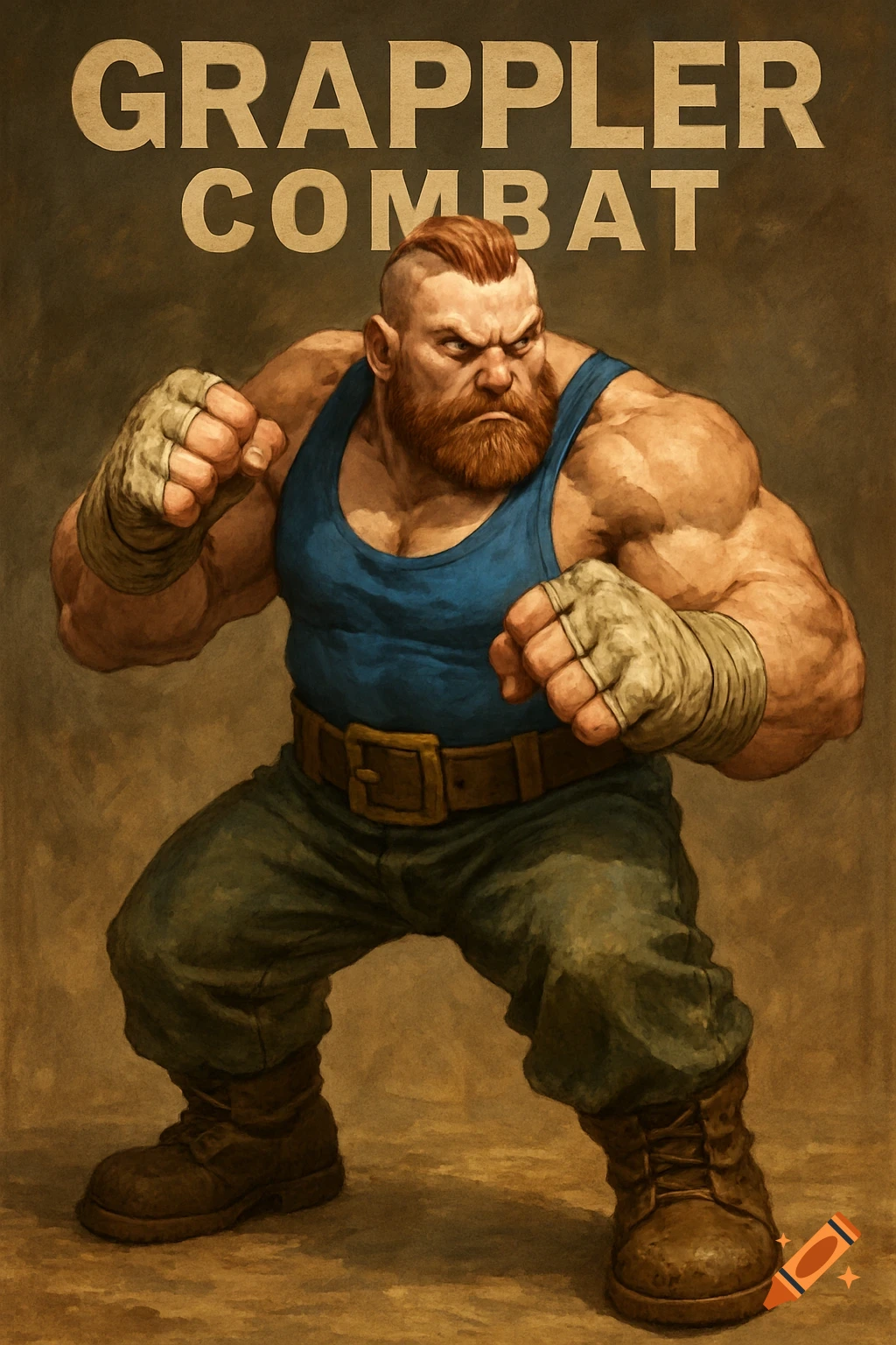 Illustration of a muscular man with a beard and shaved head in a blue tank top and work boots, wearing hand wraps, in a fighting stance. The words "GRAPPLER COMBAT" are above him.