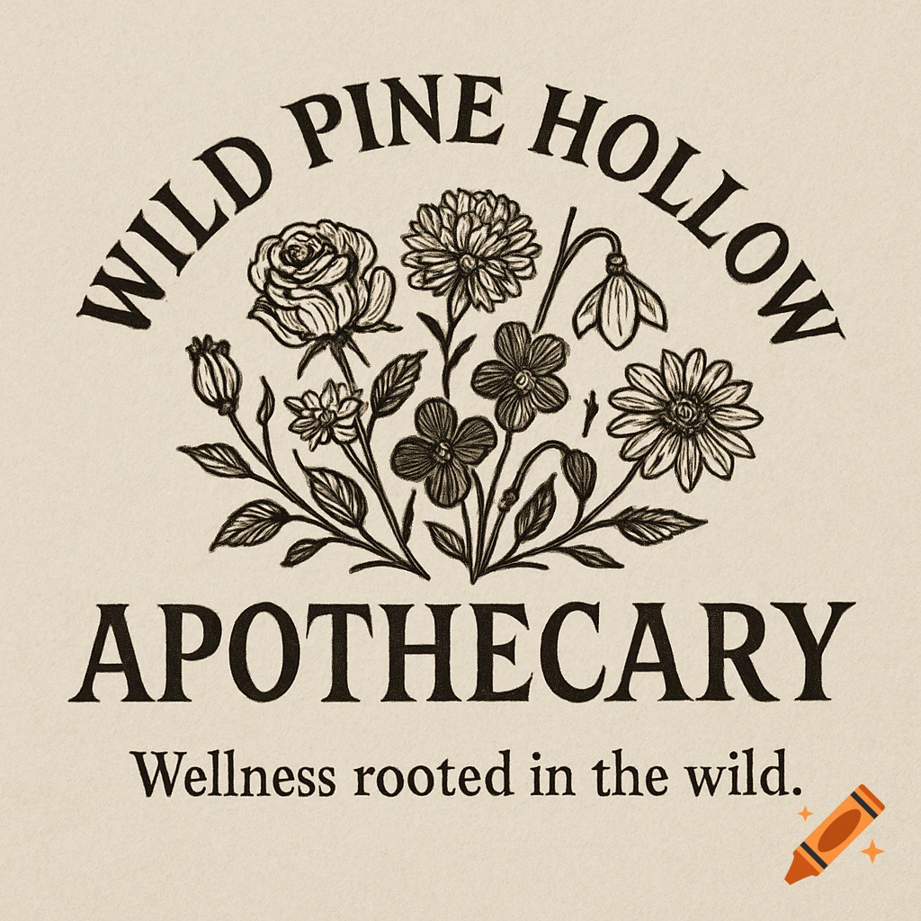 Line drawing logo of flowers with text 'Wild Pine Hollow Apothecary' and 'Wellness rooted in the wild.'