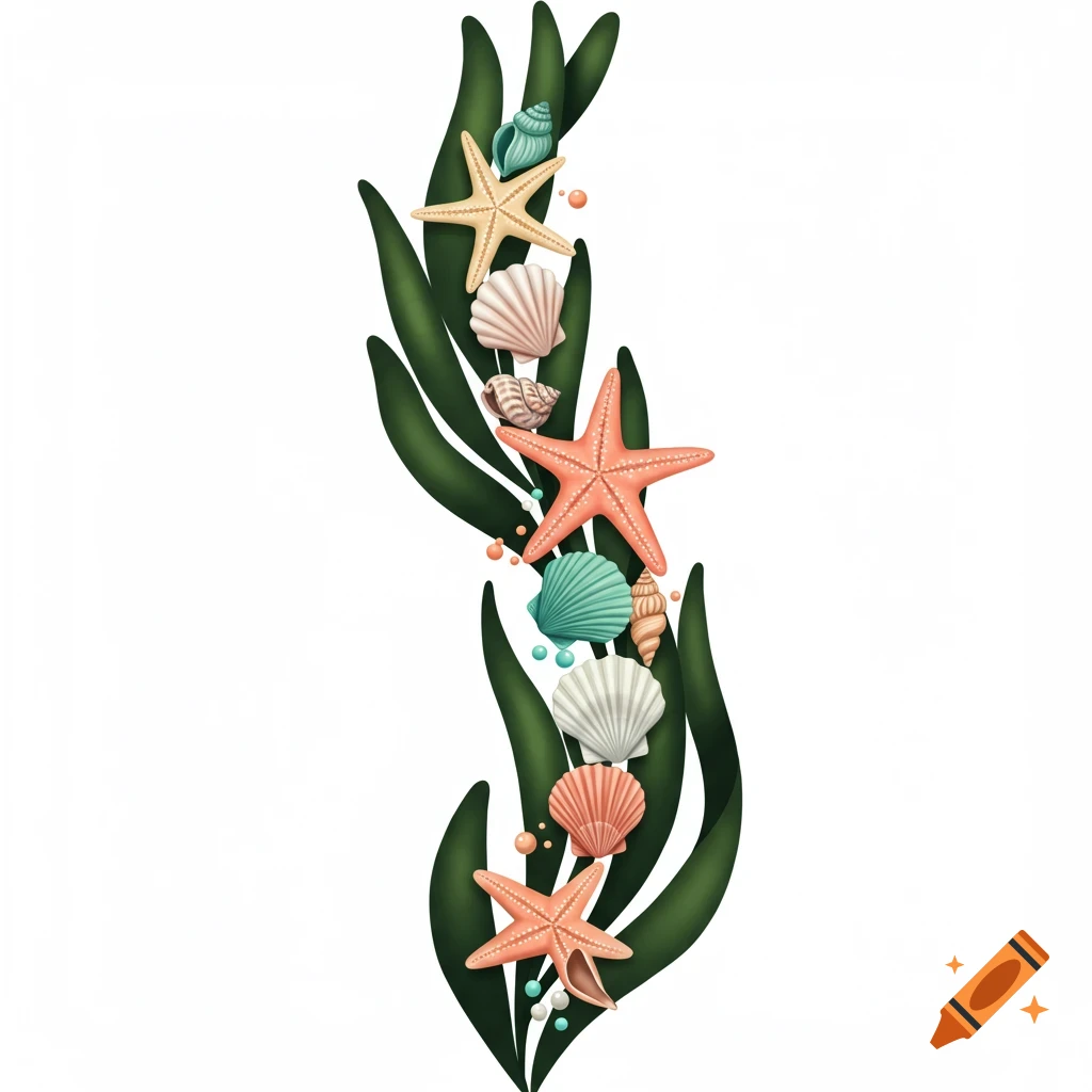 A vertical arrangement of seaweed, seashells, and starfish on a white background.