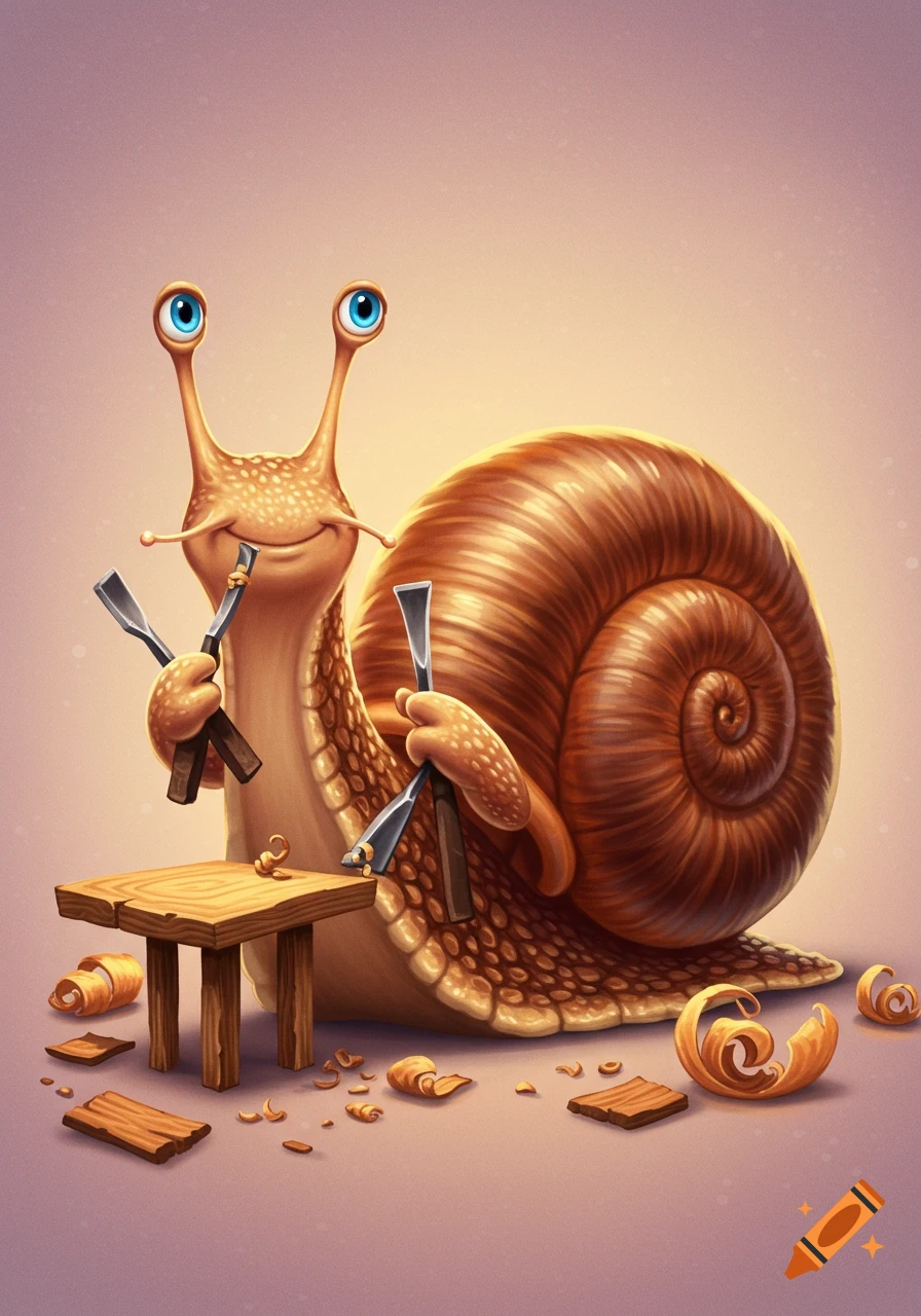 Cartoon snail holding woodworking chisels next to a small wooden table.
