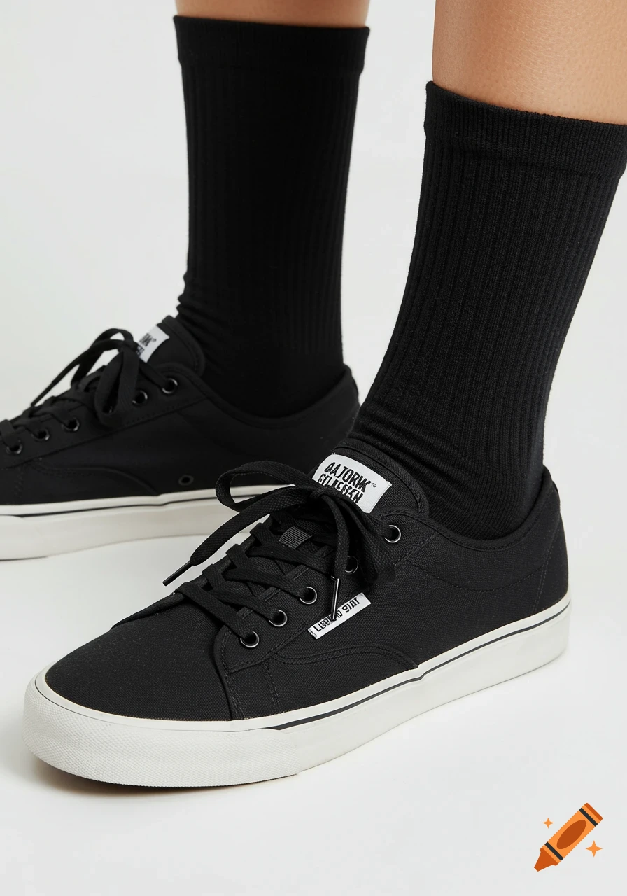 Close-up of ankles wearing black ribbed socks and black canvas sneakers on a white background.