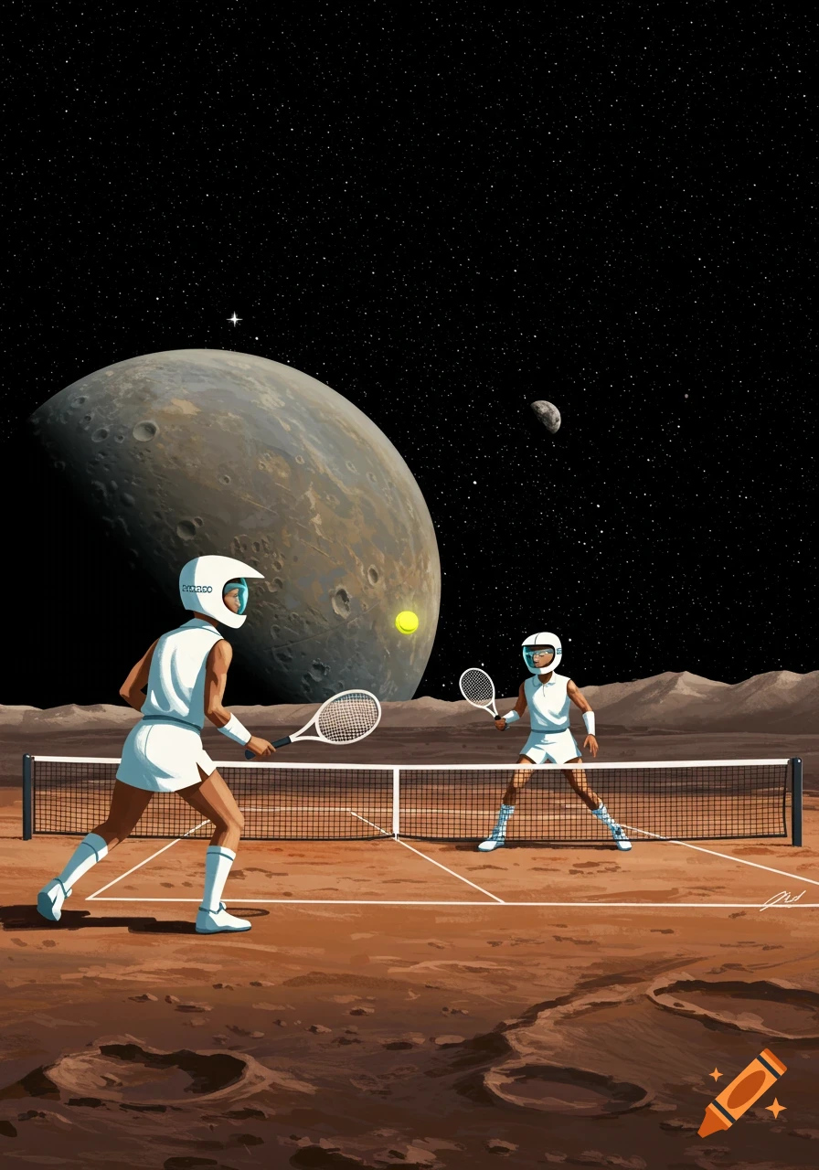 Retro-futuristic figures play tennis on a red planet under a starry sky.
