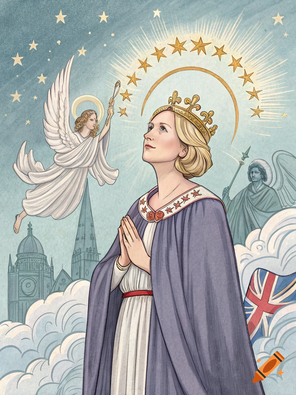 Illustration of a woman depicted as a saint, wearing a crown and robe, praying with angels and UK buildings in the background.