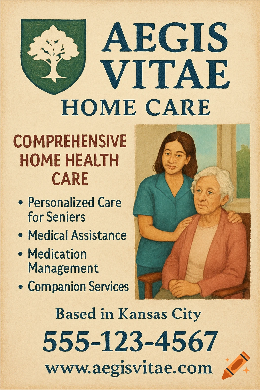 Vintage illustration flyer for Aegis Vitae Home Care, featuring a logo, text about services, contact info, and a drawing of a caregiver with a senior woman.