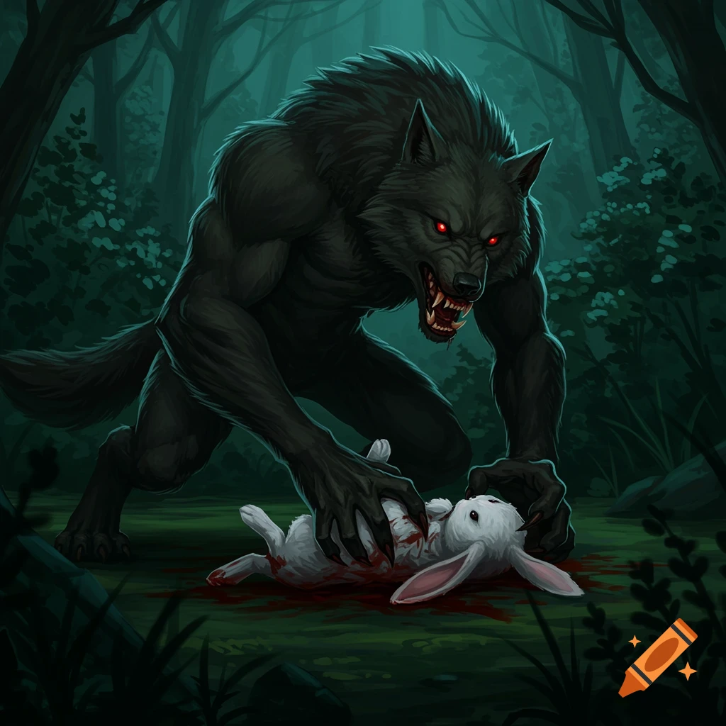 A dark werewolf with red eyes snarls over a bloody white bunny in a dark forest.