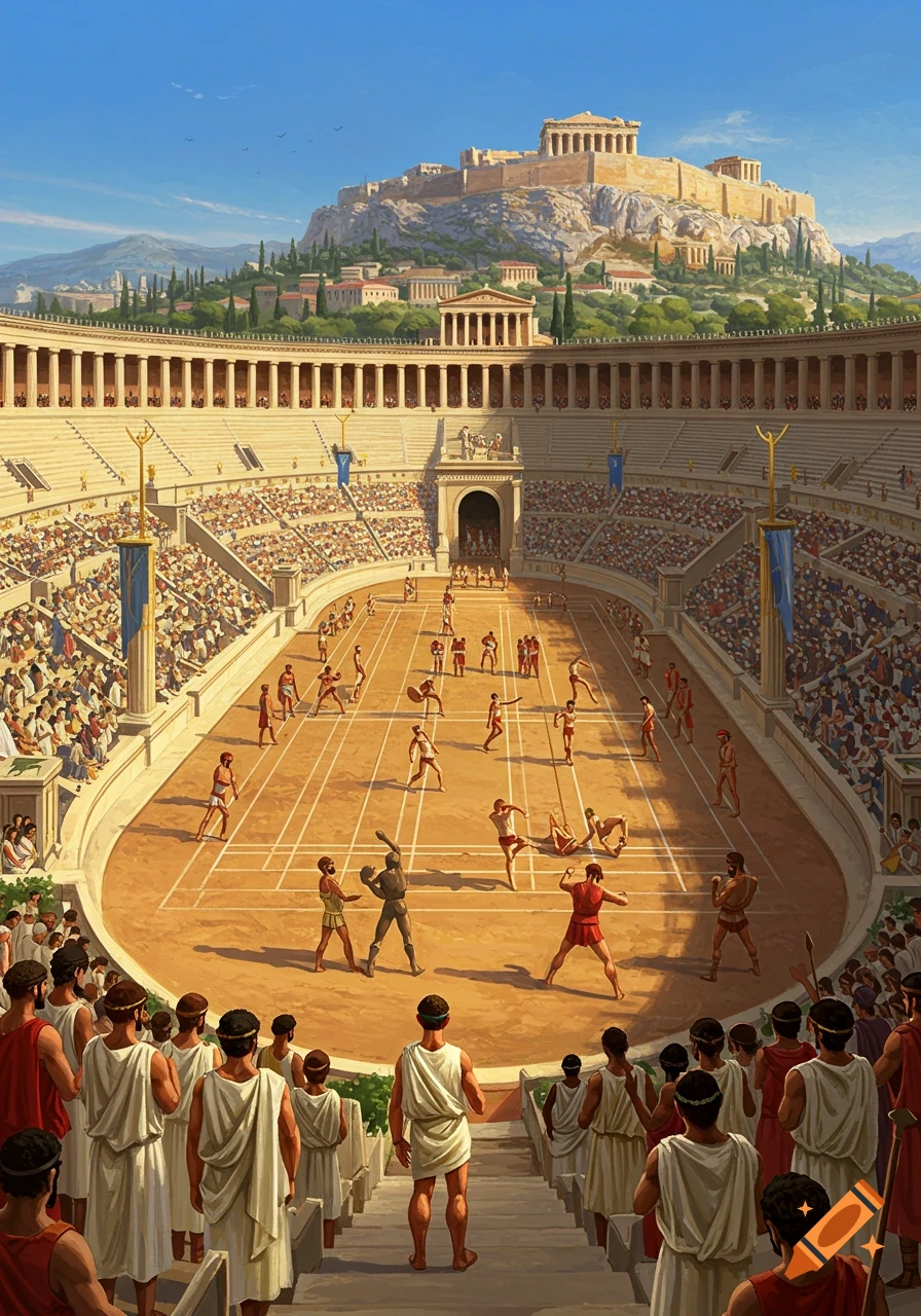Ancient Greek Olympic games in a stadium below the Acropolis.