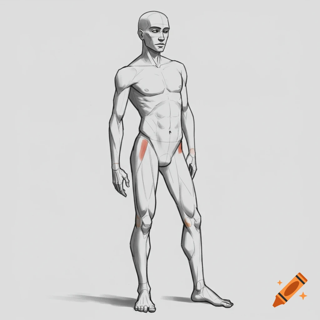 Sketch of a standing male figure study with highlighted anatomy.