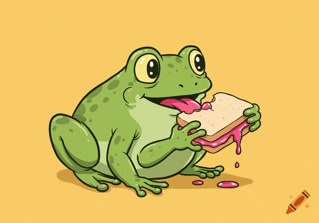 A cartoon frog with its tongue out eats a jelly sandwich.