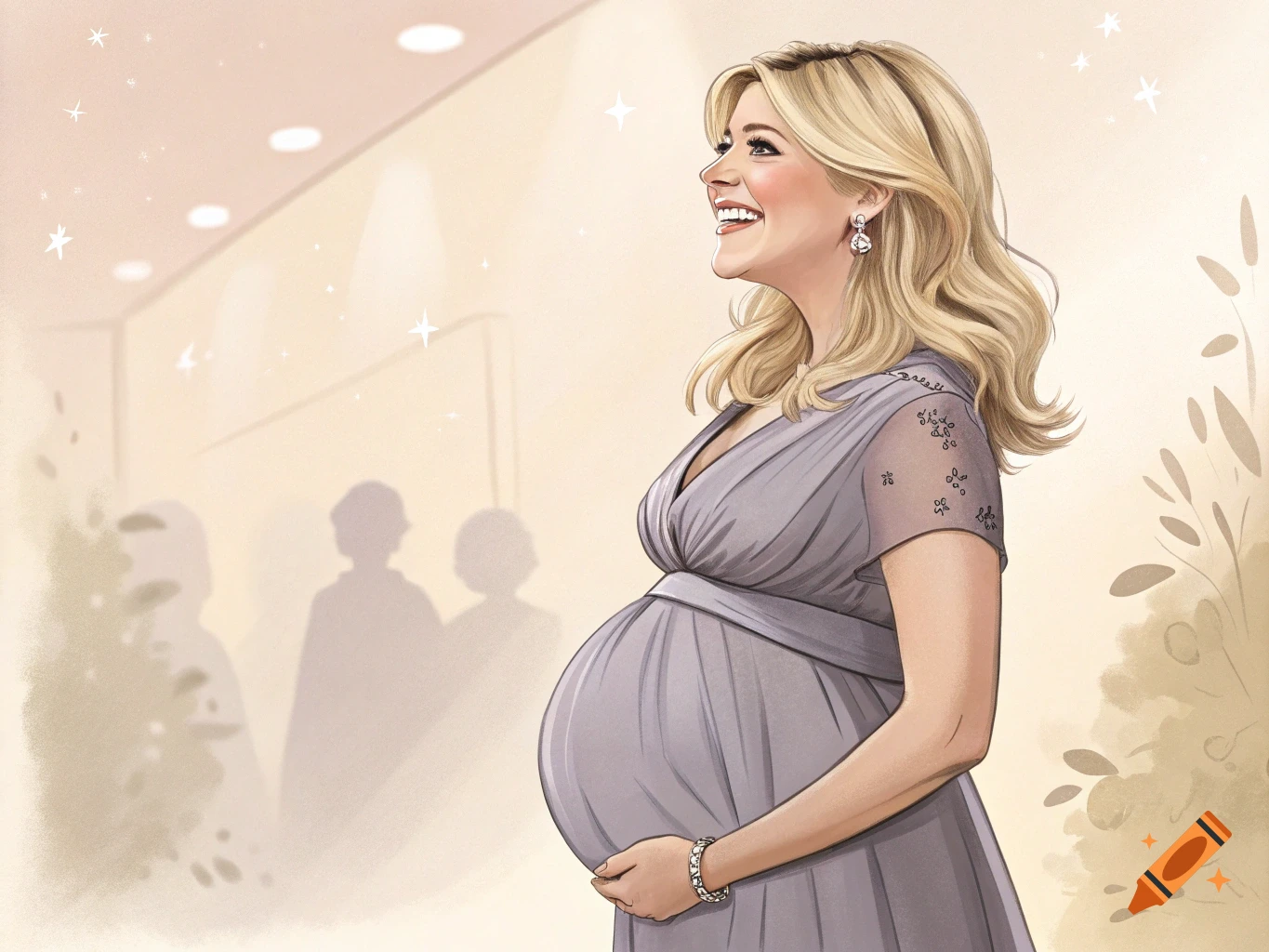 Digital illustration of a smiling pregnant woman in a grey dress, holding her belly.