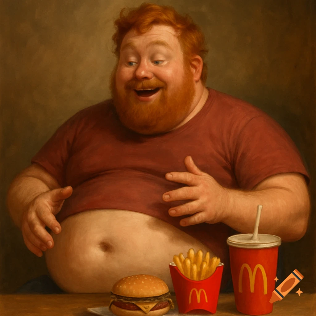 A large man with a red beard happily eats a McDonald's meal of a burger, fries, and drink, painted in a realistic, slightly caricature style.