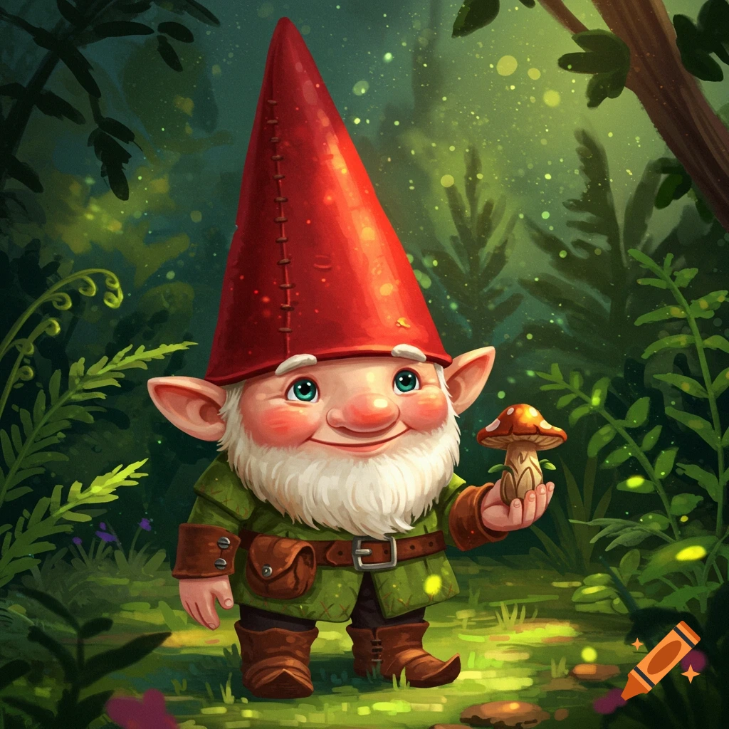 A friendly gnome with a red hat and white beard stands in a forest ...