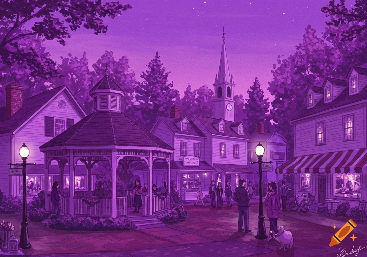 A purple-toned illustration of a town square at night with a gazebo, buildings, and people.