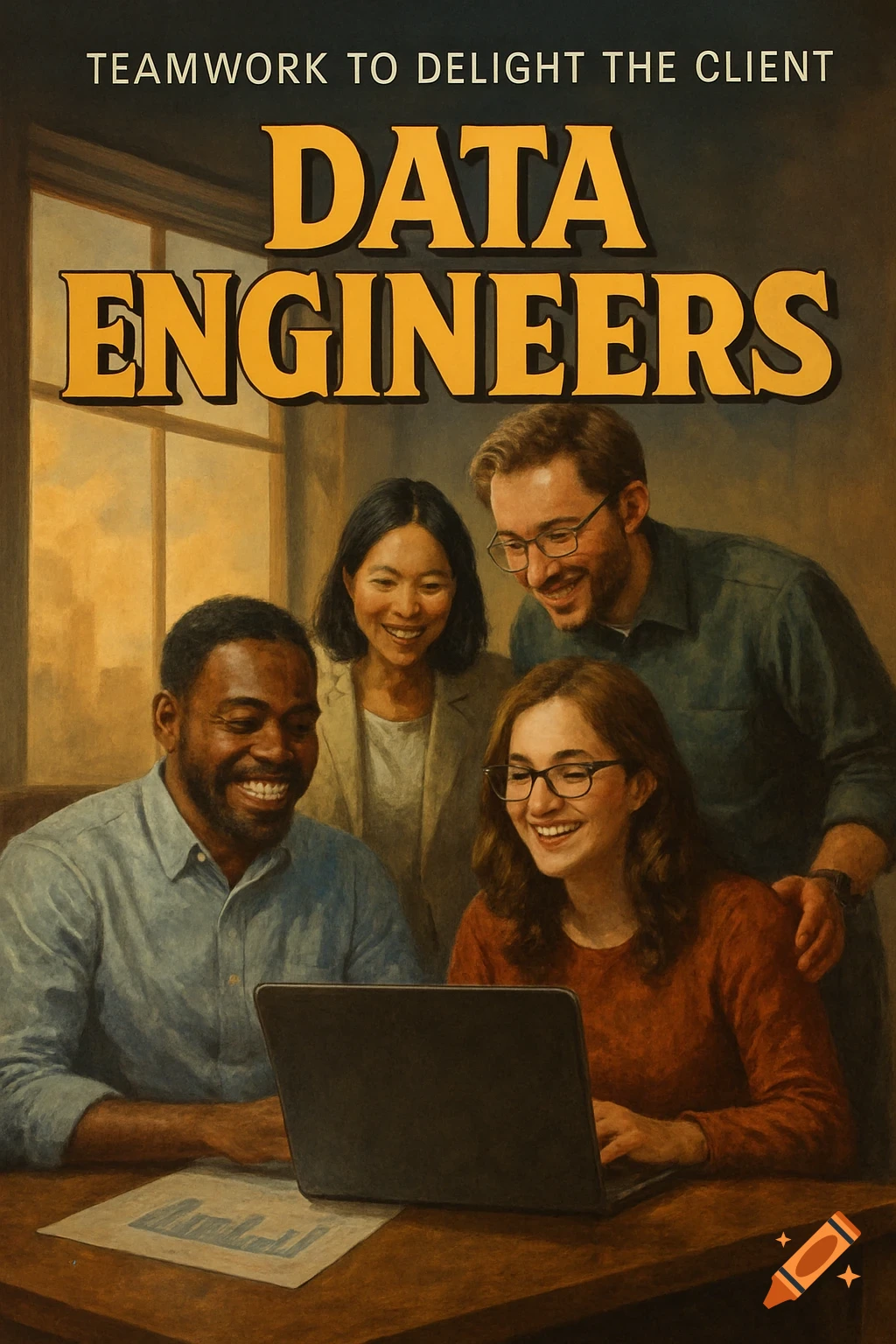 A movie poster for "DATA ENGINEERS" showing a diverse team smiling and looking at a laptop in a painterly style.
