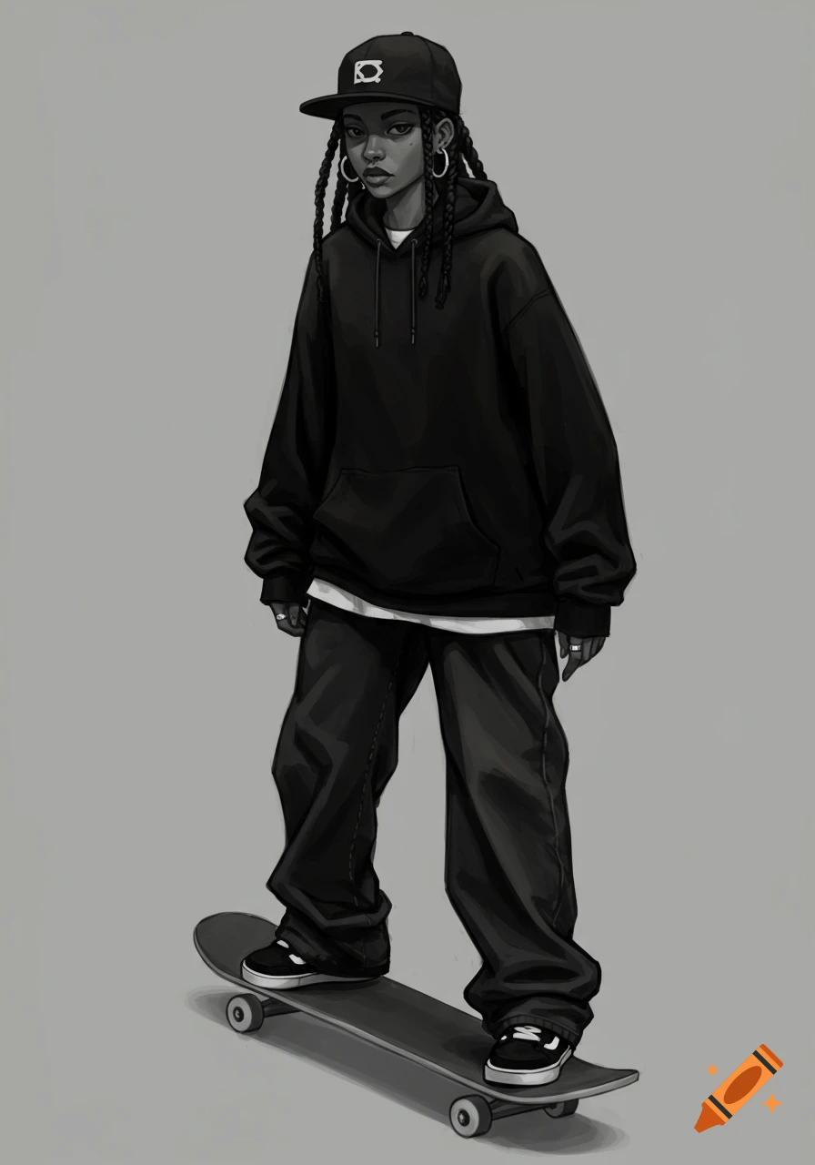 Illustration of a young Black woman with braided hair, wearing a black hoodie and baggy jeans, on a skateboard, in grayscale.
