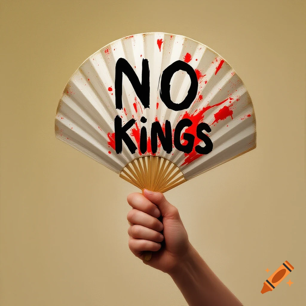Hand holds white fan with 'NO KINGS' text and red splatters