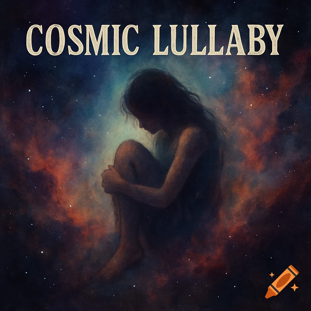 Figure curled in fetal position within a nebula, with "COSMIC LULLABY" text at the top.