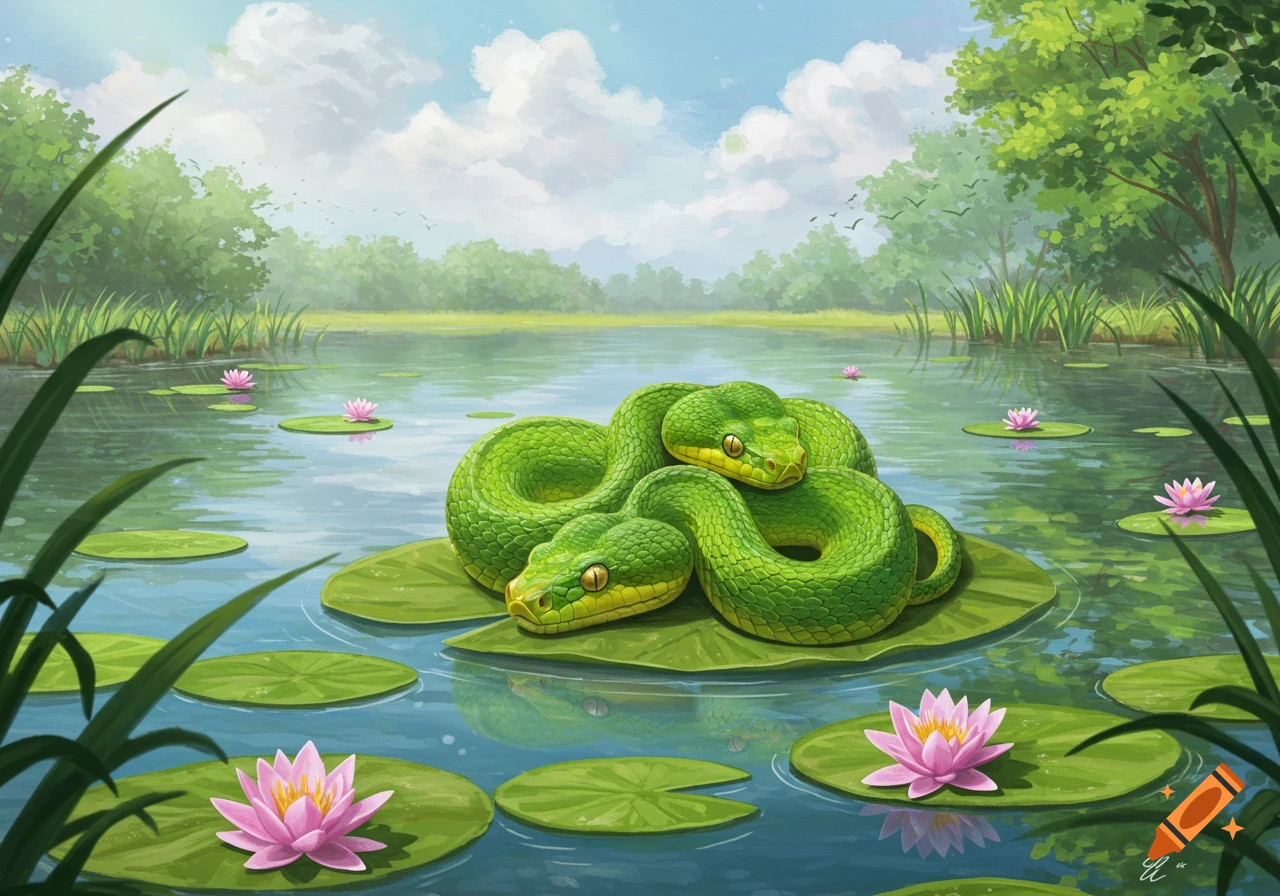 Two green snakes rest on a lily pad in a lake with pink water lilies. Lush greenery surrounds the tranquil water.