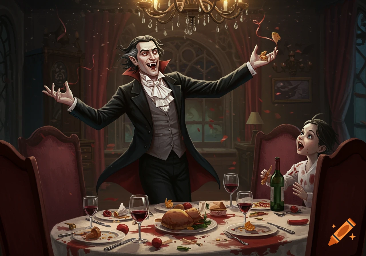 A happy vampire dances at a messy dinner table, showing off food to a surprised child. Digital illustration.