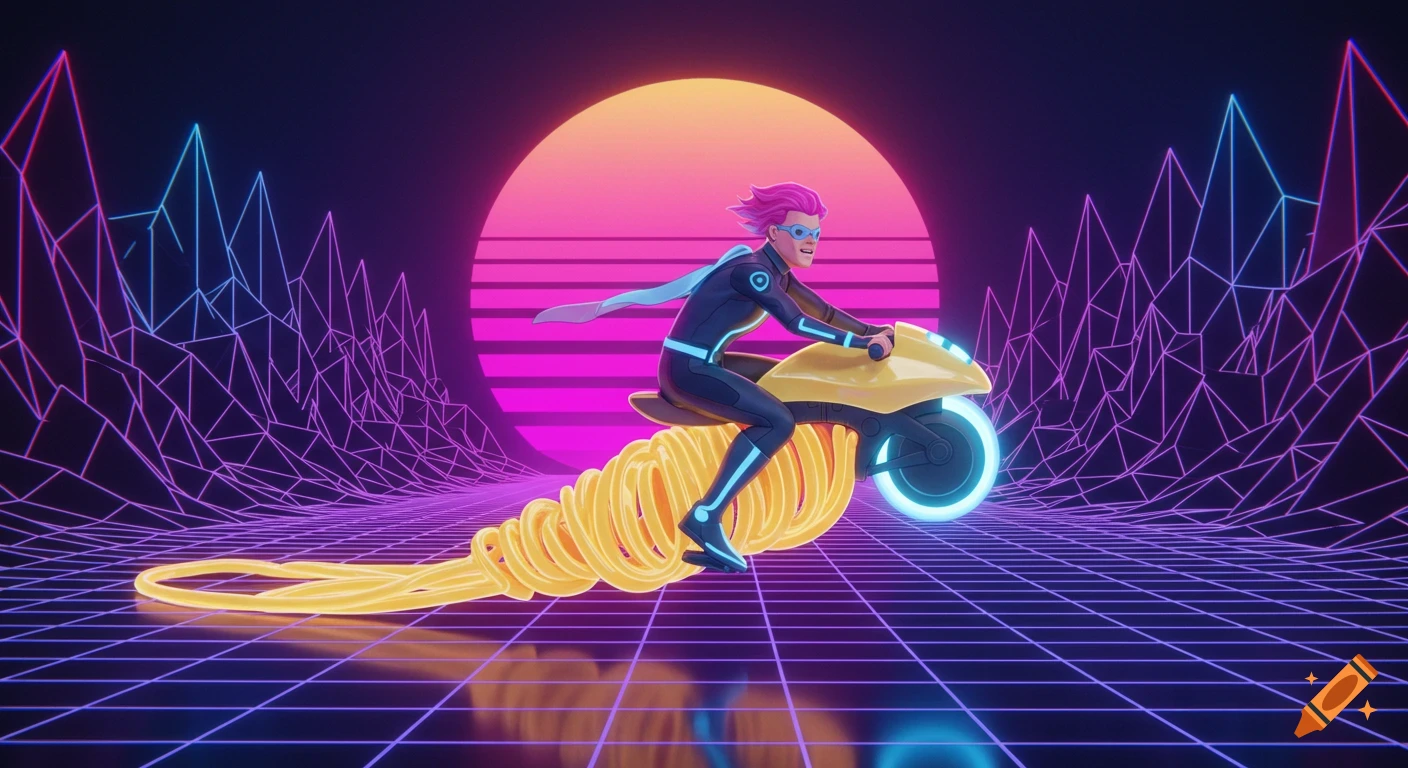 Stylized character rides a yellow, pasta-like lightcycle in a retro-futuristic vaporwave scene with a grid landscape and large sun.