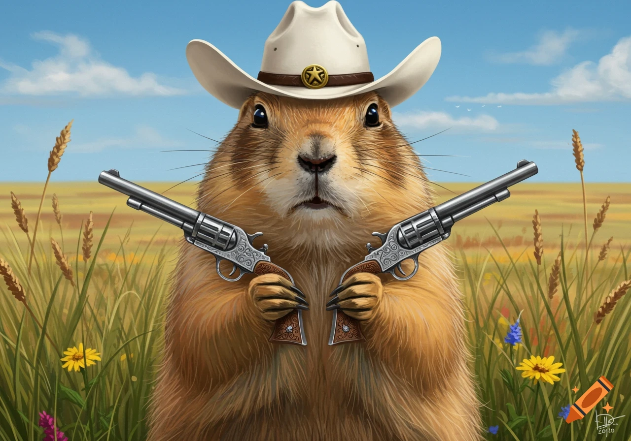 Illustration of a prairie dog wearing a white cowboy hat and holding two revolvers in a grassy field.