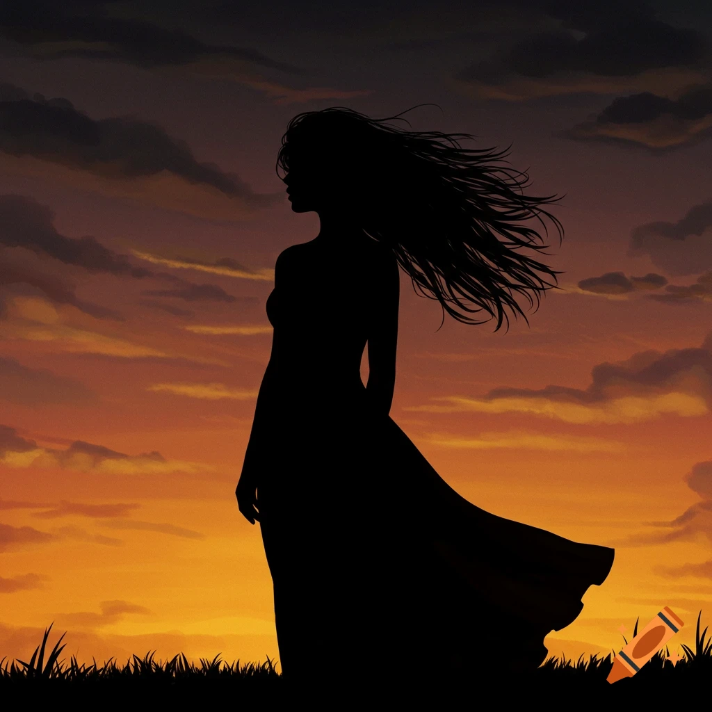 Silhouette of a woman with long hair blowing in the wind against a ...