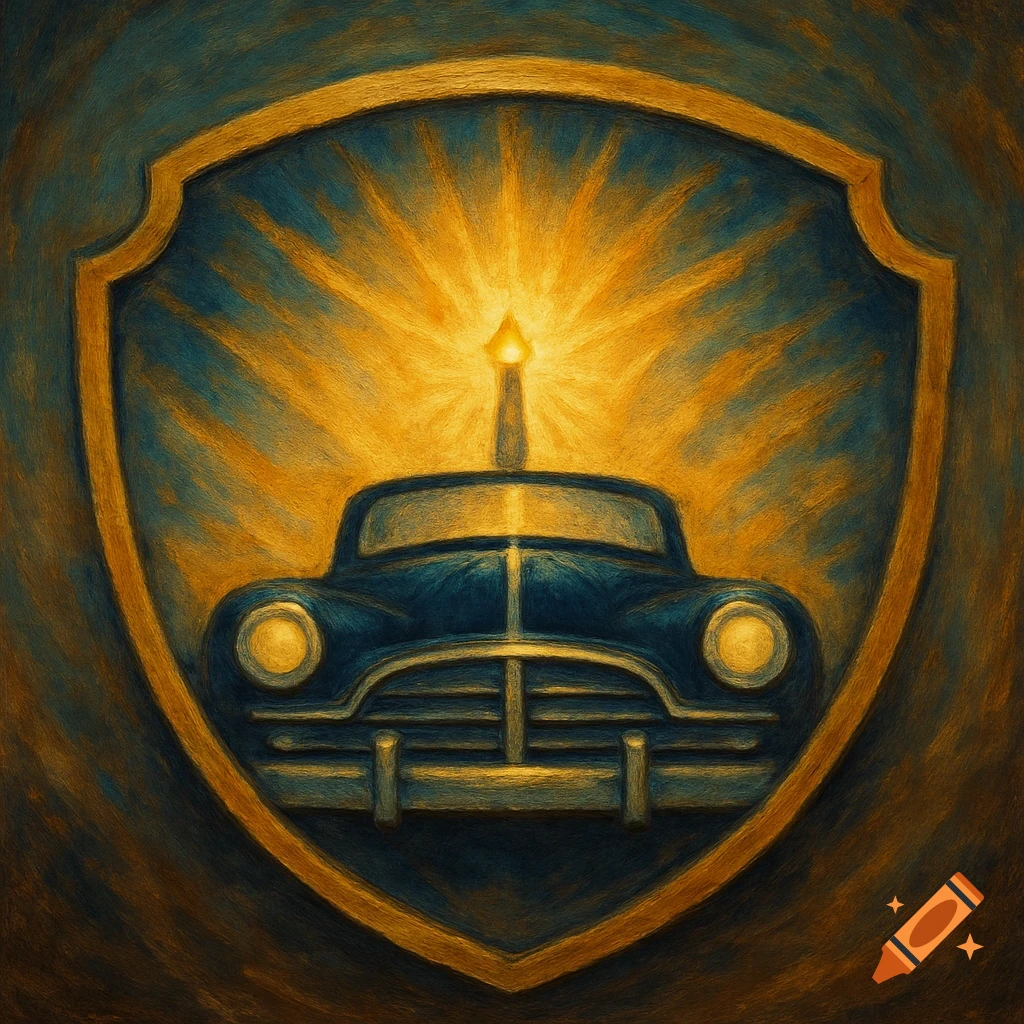 A painterly logo showing a vintage car with a bright light above it, inside a shield shape.