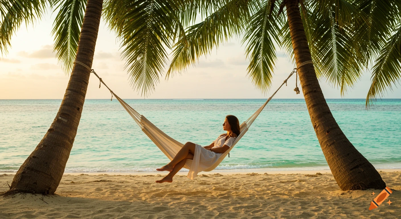 A woman relaxes in a hammock strung between two palm trees on a sandy beach with turquoise water.