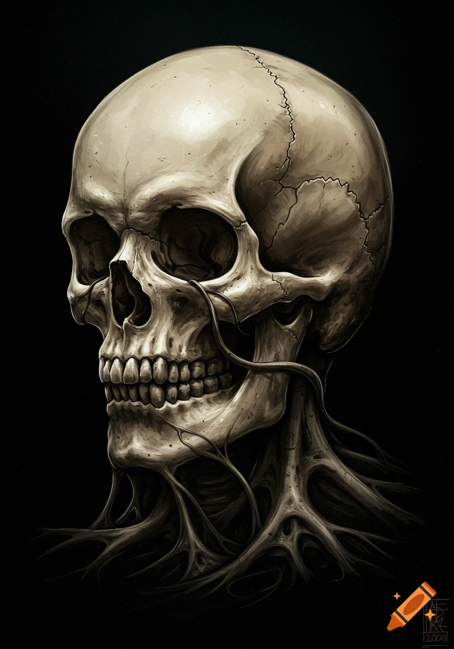 A detailed illustration of a skull with root-like structures emerging from the neck, in a dark airbrushing style.