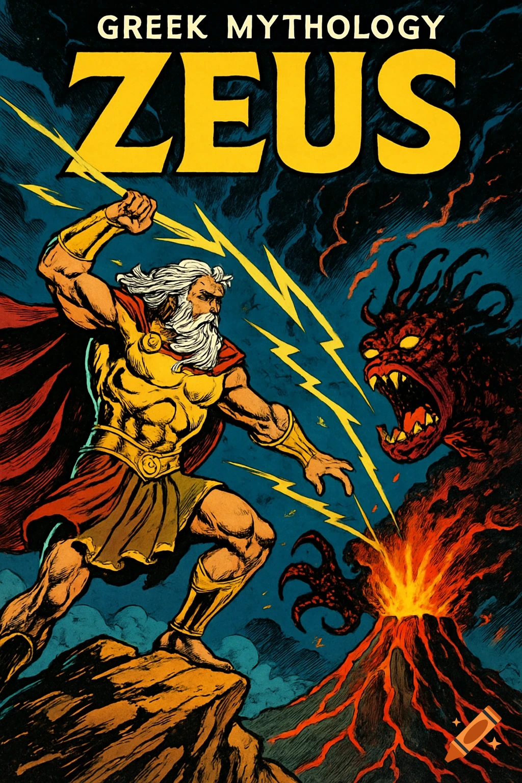 Comic book cover of Zeus fighting a monster near an erupting volcano