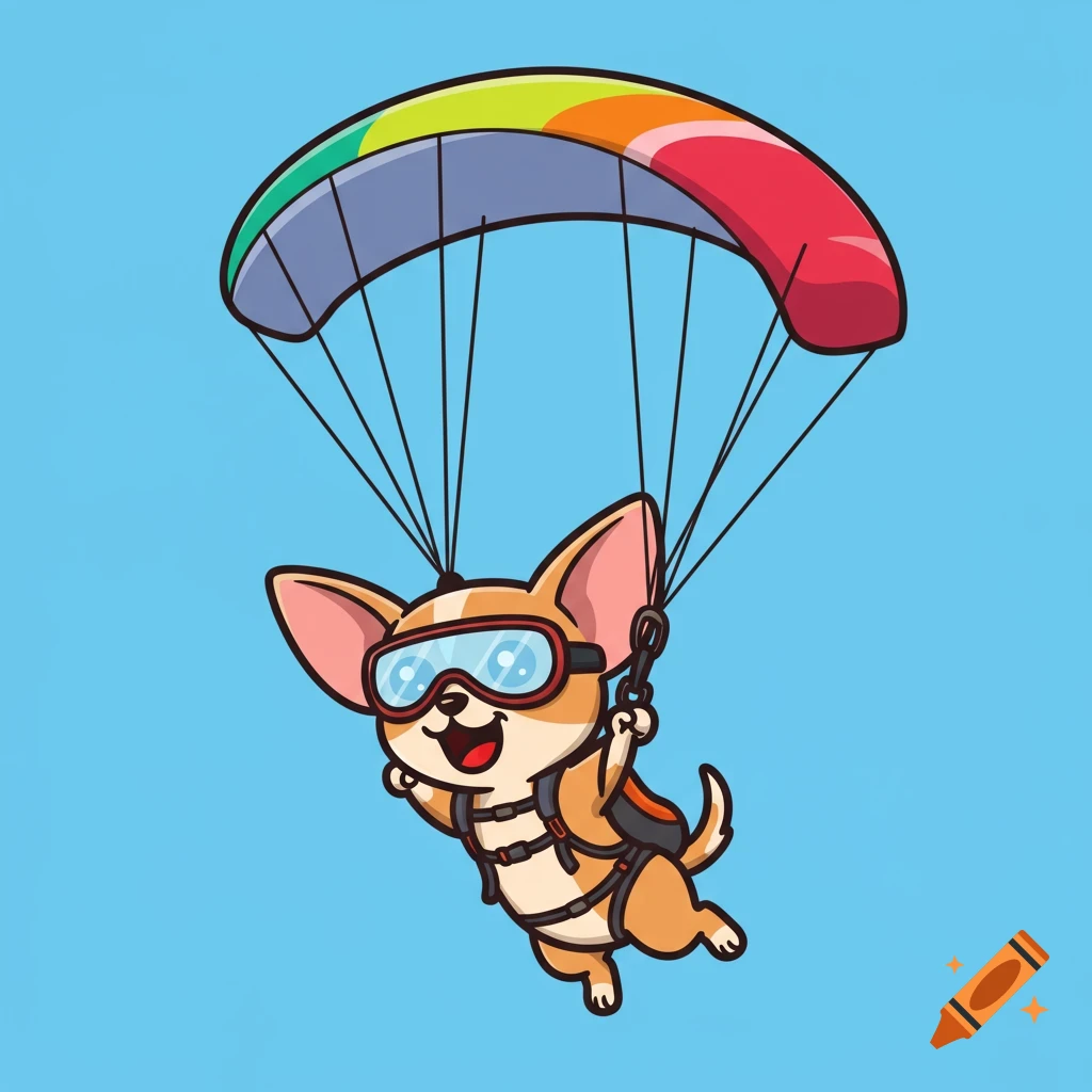 Cartoon chihuahua wearing goggles and harness flying on a rainbow paraglider against a blue sky.