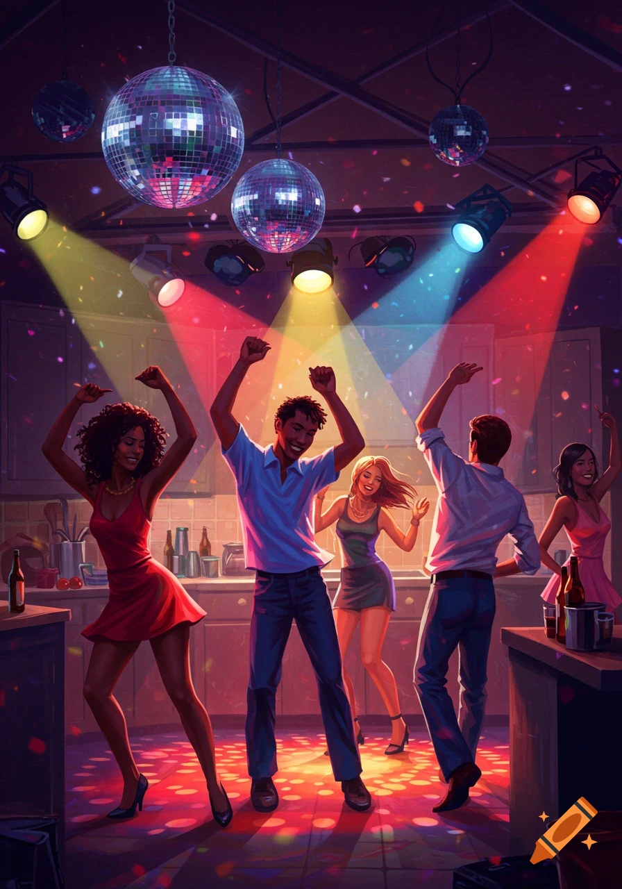 People dance under disco balls and colorful lights in a kitchen.
