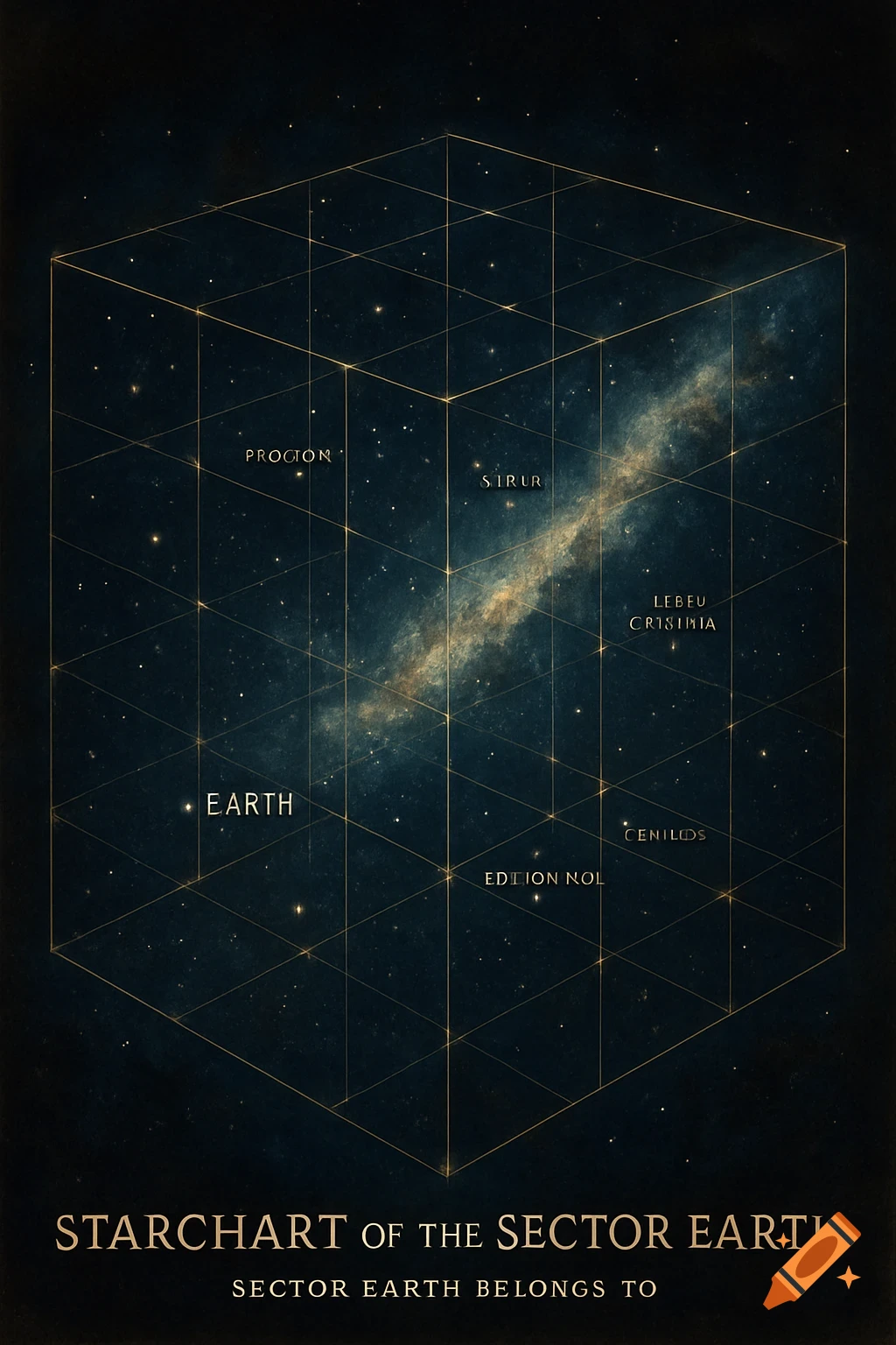 Artistic rendering of a 3D star chart showing Earth and the Milky Way galaxy within a grid.