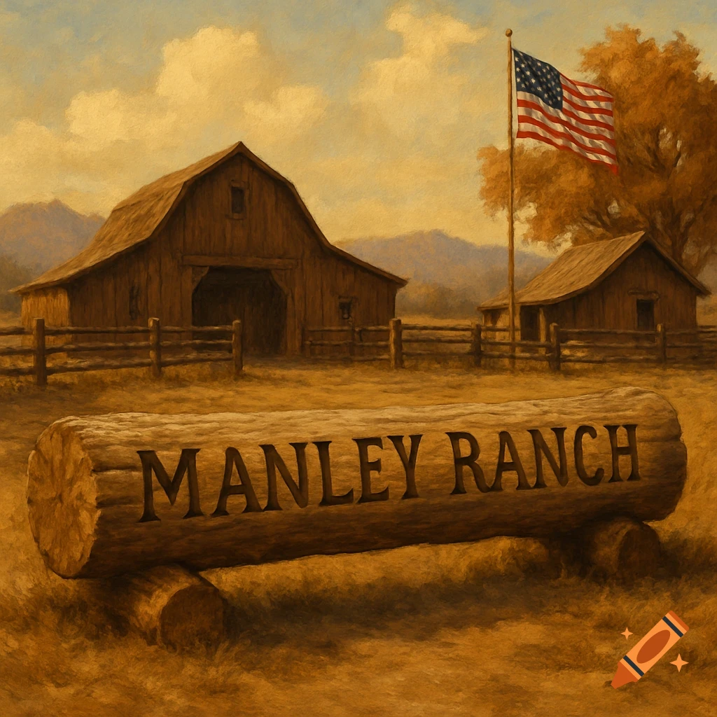 A log carved with 'MANLEY RANCH' sits in front of a barn and American flag in a rustic landscape painting.