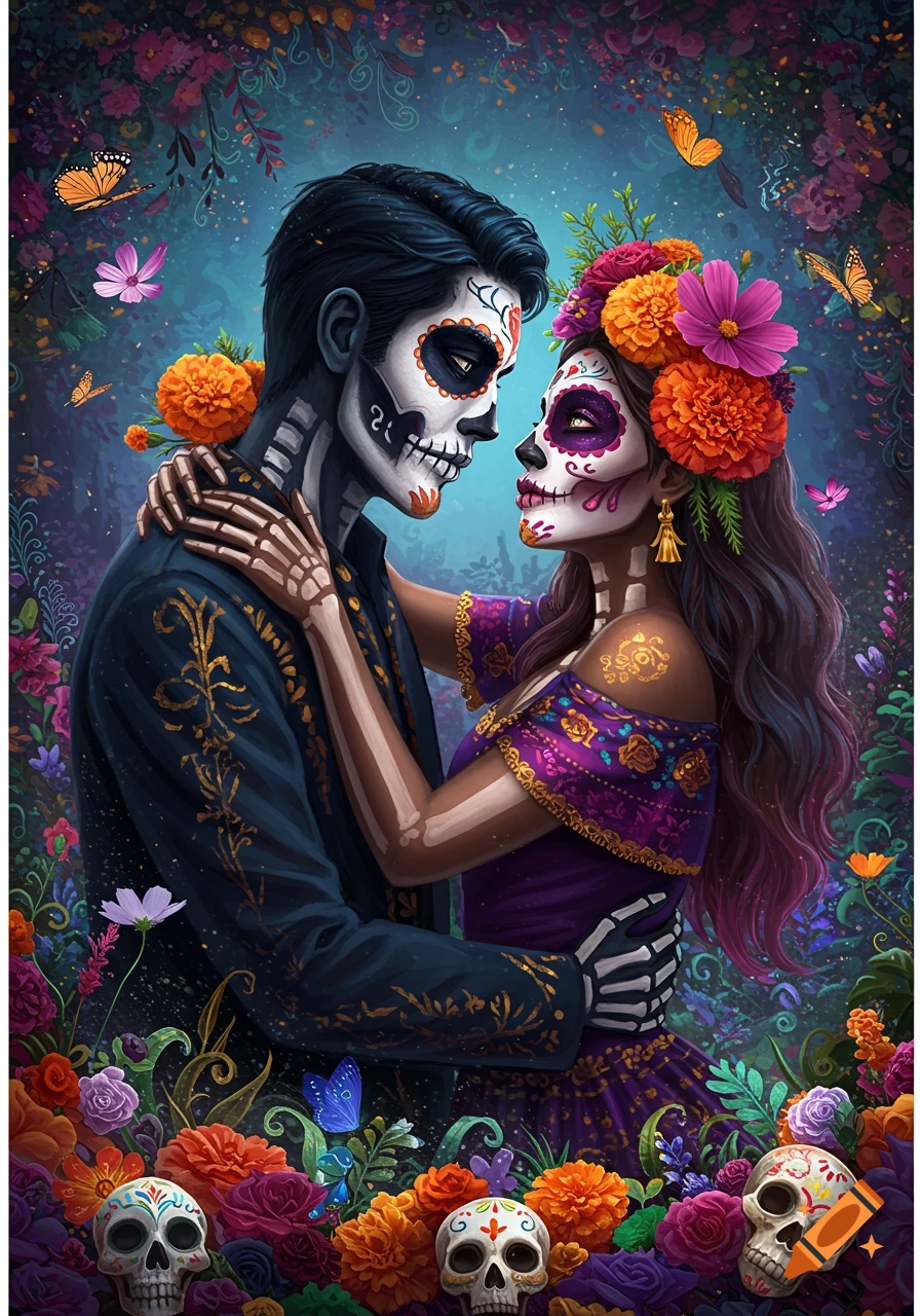 Dia de Muertos couple embracing, surrounded by flowers and butterflies, with skulls