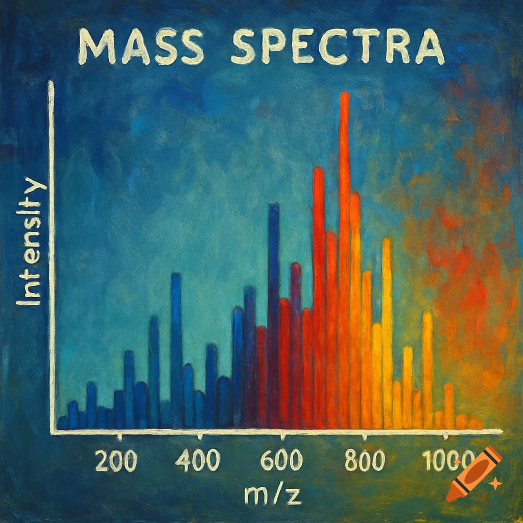 Painted graph showing mass spectra with bars colored blue to red.