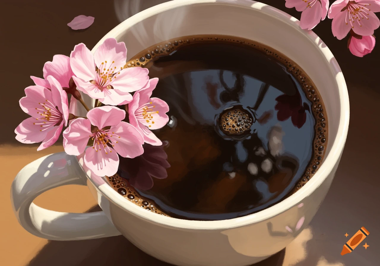 A digital painting shows a close-up of a white coffee cup with pink cherry blossoms.