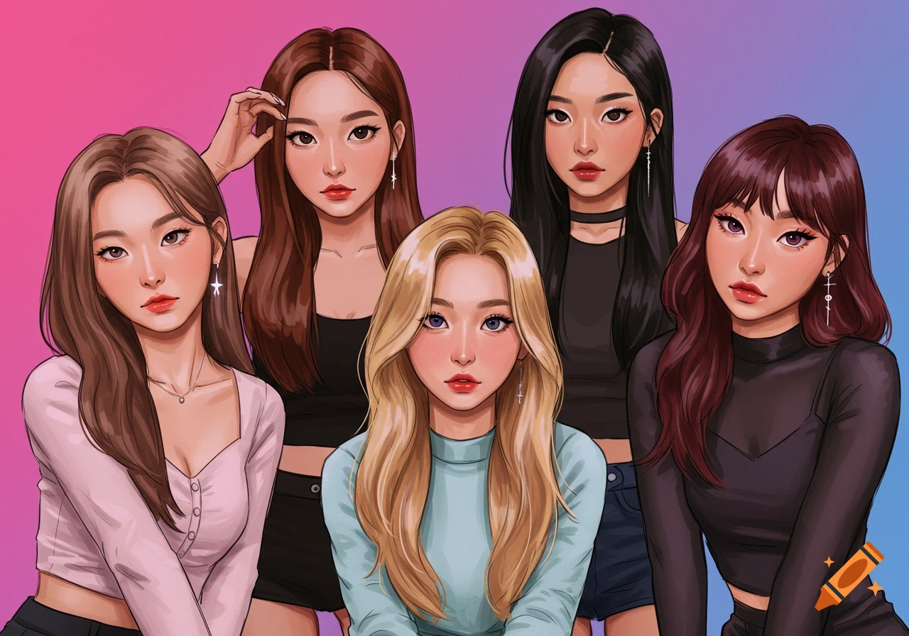 Illustration of five young women posing together.