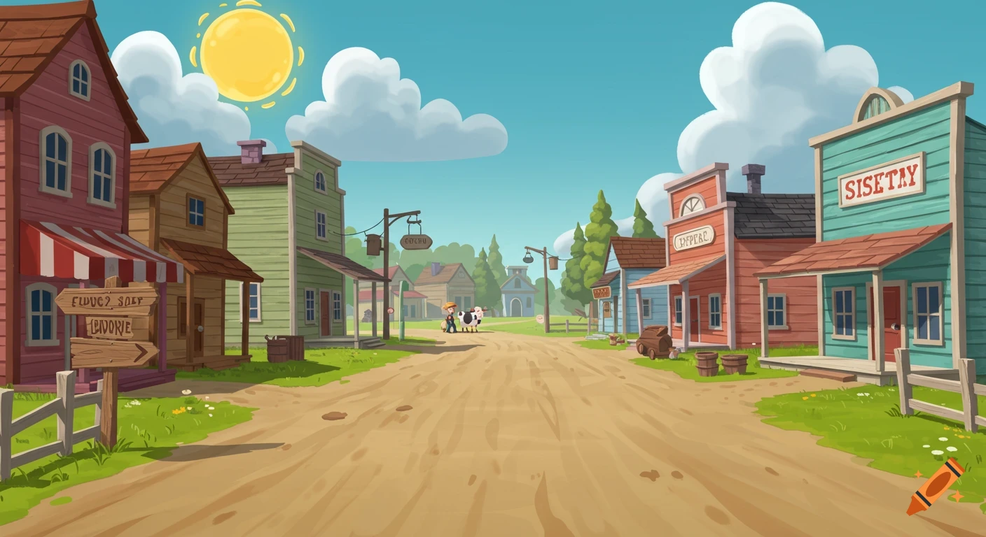 Cartoon view of a western town street with buildings, a dirt road, person leading a cow.