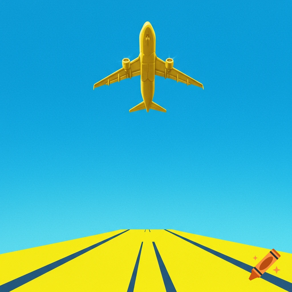 A graphic illustration of a yellow airplane flying over a yellow field with blue lines under a bright blue sky.