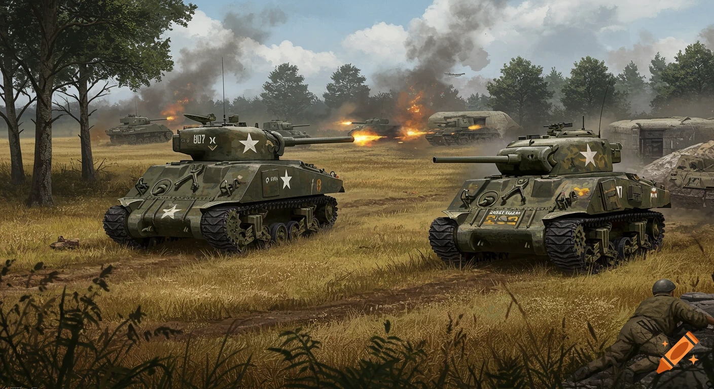 Digital painting of World War 2 battle scene with Sherman tanks firing in a field near bunkers.