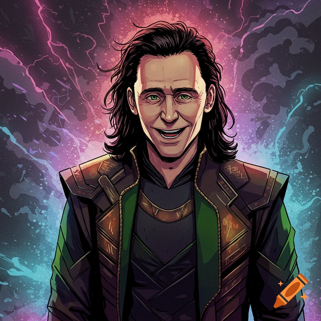 Comic art portrait of Loki with green eyes smiling against a cosmic background with pink and blue lightning.