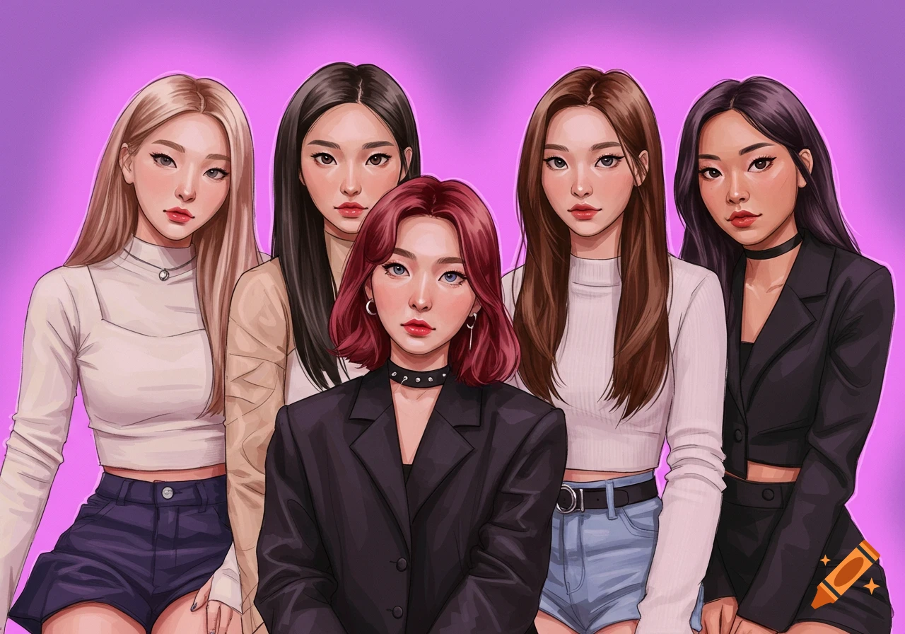 Stylized illustration of five women standing together against a purple background.