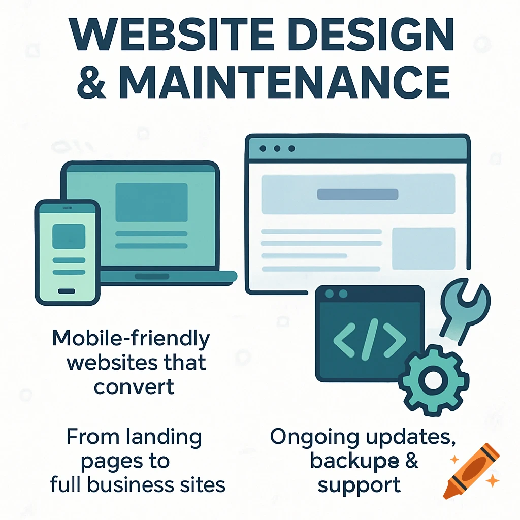 Illustration of laptop, phone, browser, code, gear, and wrench with text about website design and maintenance.